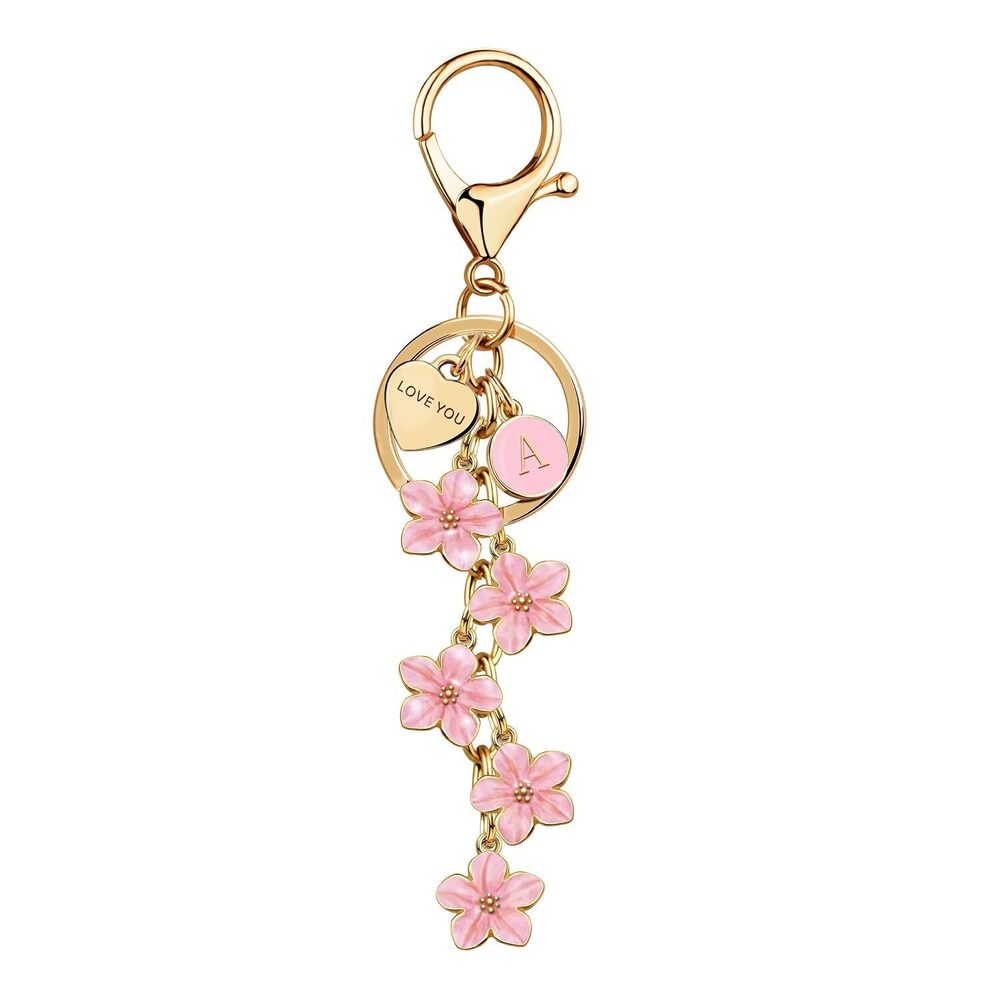 Cute Initial Letter Keychain with Love You Heart, Enamel Flower Charm